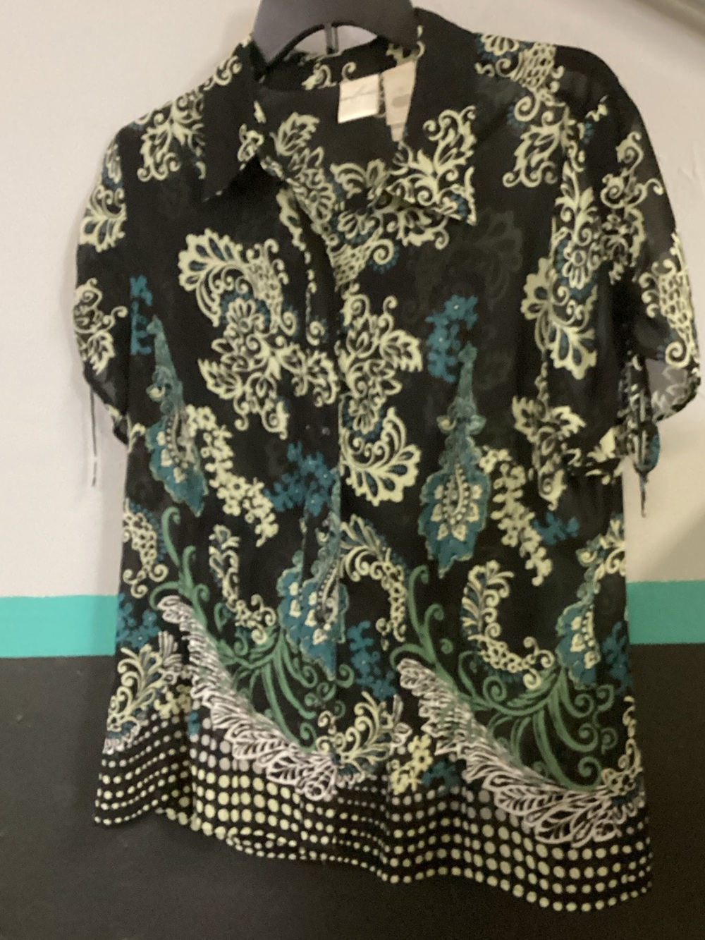 Emma James Black Button-Front Blouse with Teal & Cream Paisley